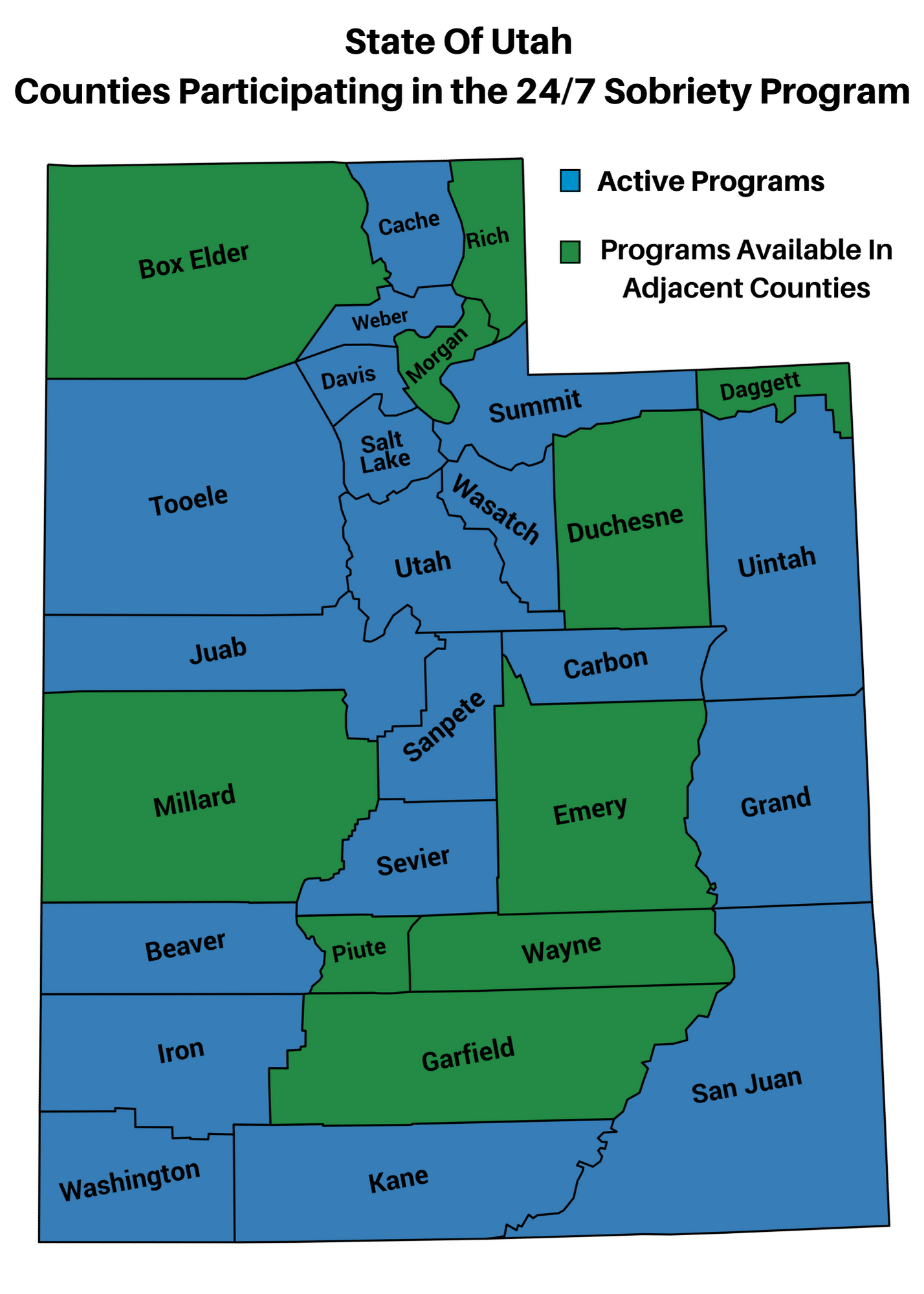 Map of Utah showing counties participating in the 24/7 program