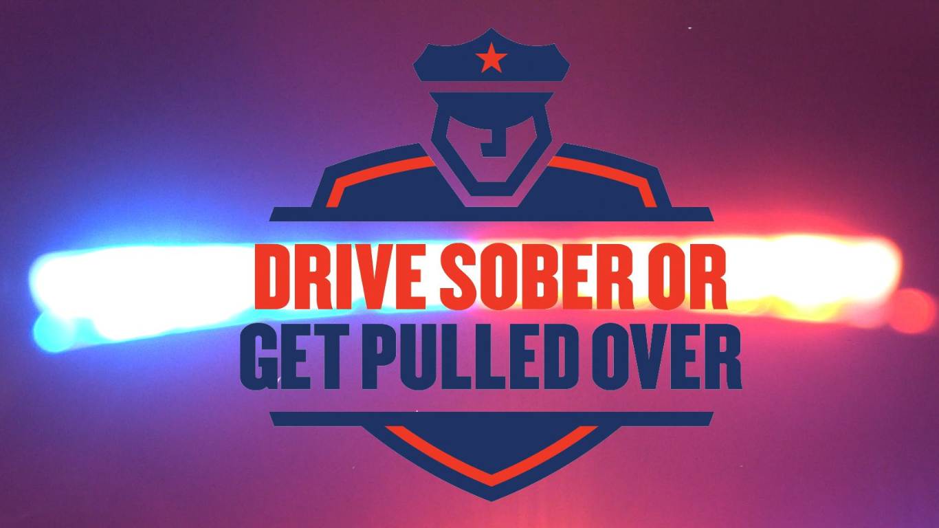 Drive sober or get pulled over logo with police light bar behind it