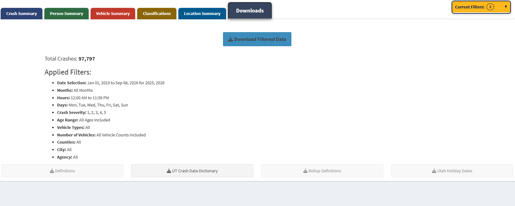 Screenshot of the Downloads tab showing options to export filtered crash, person, and vehicle data to an Excel workbook.
